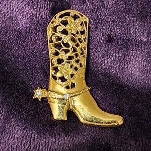Vintage Flower Filigree Design Cowboy Boot Brooch Rhinestone Gold Tone. 2 Inch